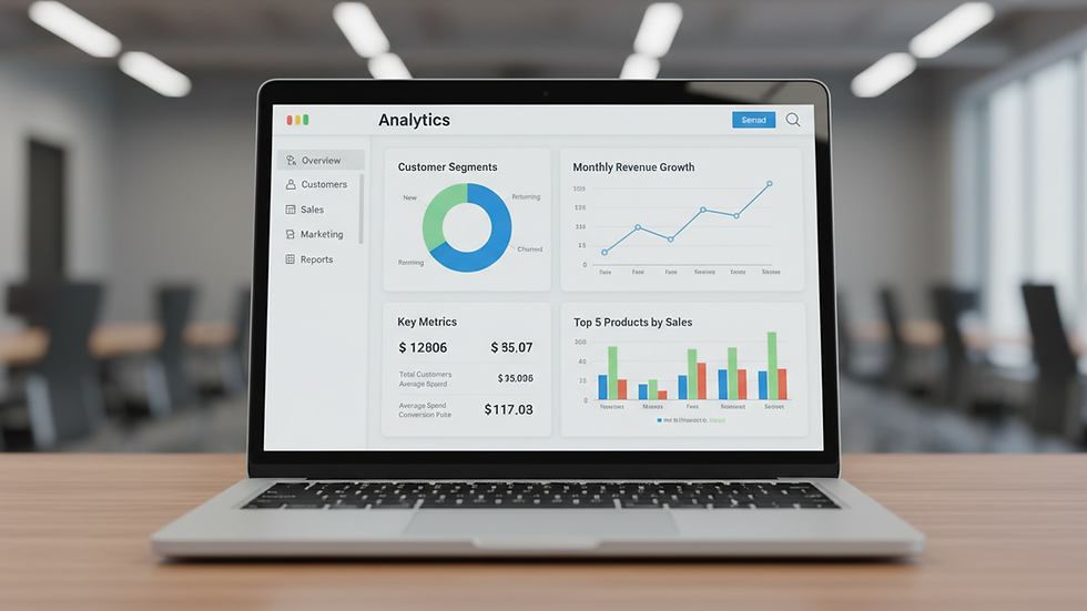 Eye-level view of a laptop screen showing customer analytics dashboard