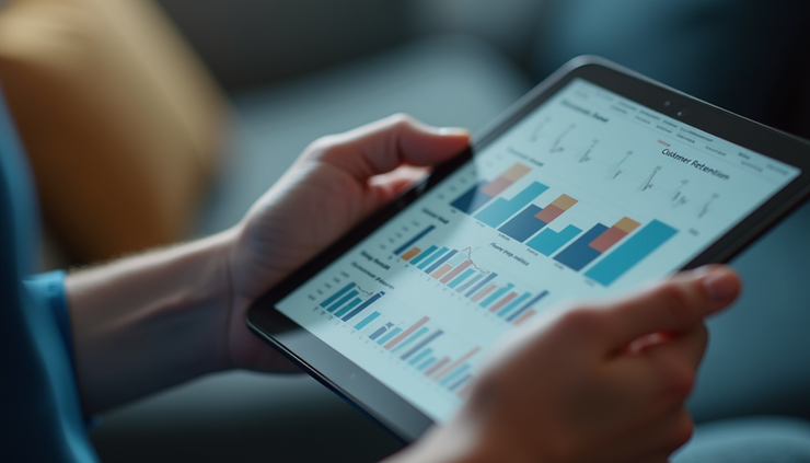 High angle view of a person analyzing customer data on a tablet