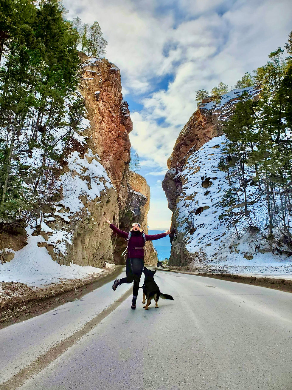 Hiking with a dog on an outdoor trail in Alberta, enjoying an active adventure together.