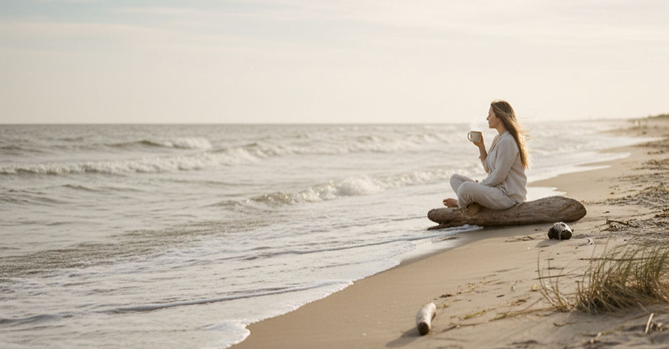 sand beach in the background with woman sitting on beach drinking coffee in the far backgr