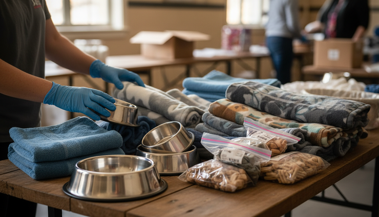 Close-up view of volunteer hands sorting dog bowls and towels at a collection table