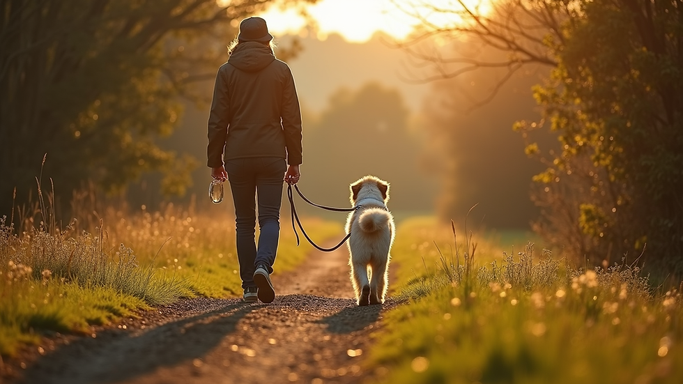 High angle view of a dog owner walking a senior dog on a quiet trail