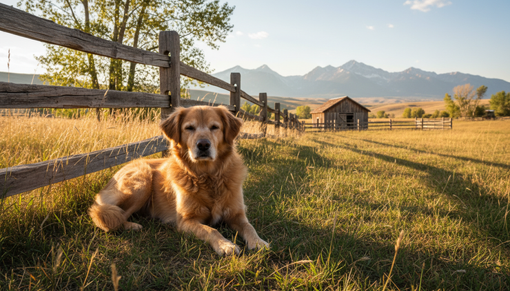 Eye-level view of a gentle rescue dog resting near a wooden fence.