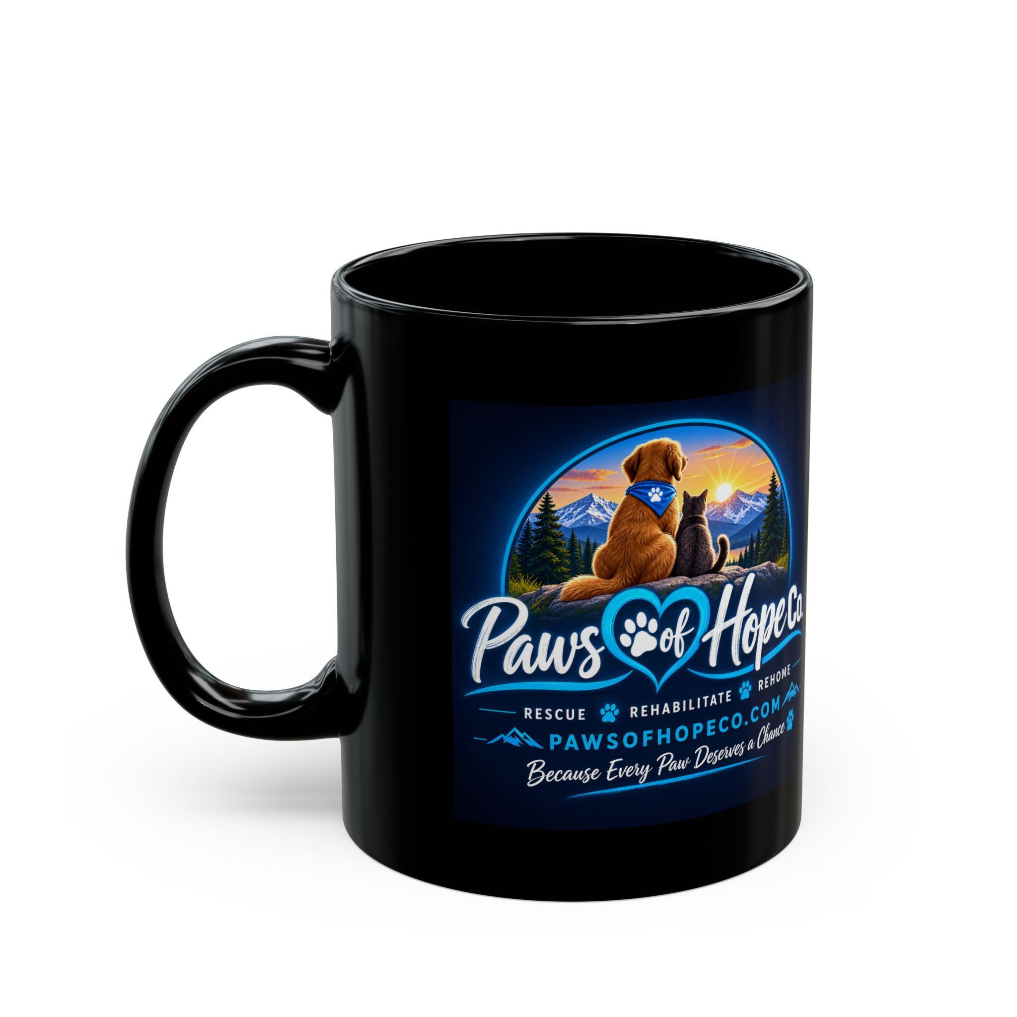 Paws of Hope Black Mug Dog & Cat Sunset Design (11oz/15oz)