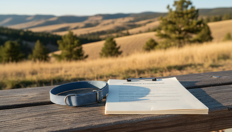 Close-up view of a dog leash resting beside completed registration papers on a wooden bench.