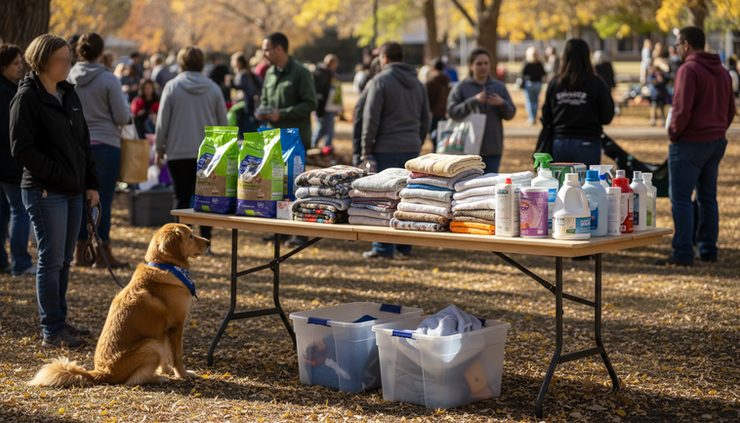 Wide-angle view of a community supply drive table with dog food bags and blankets