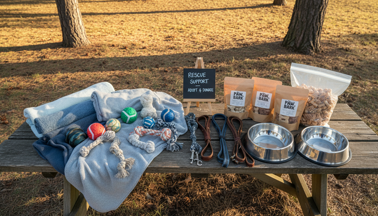 Overhead view of donation supplies and dog toys arranged for a rescue event on a picnic table.