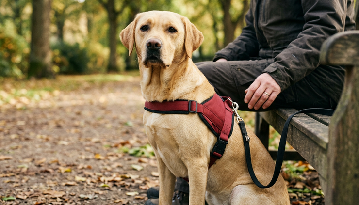 Close-up view of a service dog harness resting on a calm Labrador retriever