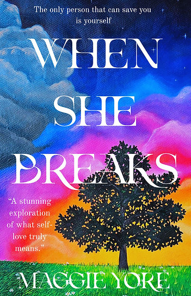 When She Breaks eBook cover colorful sunset with dark clouds and silhouette of tree