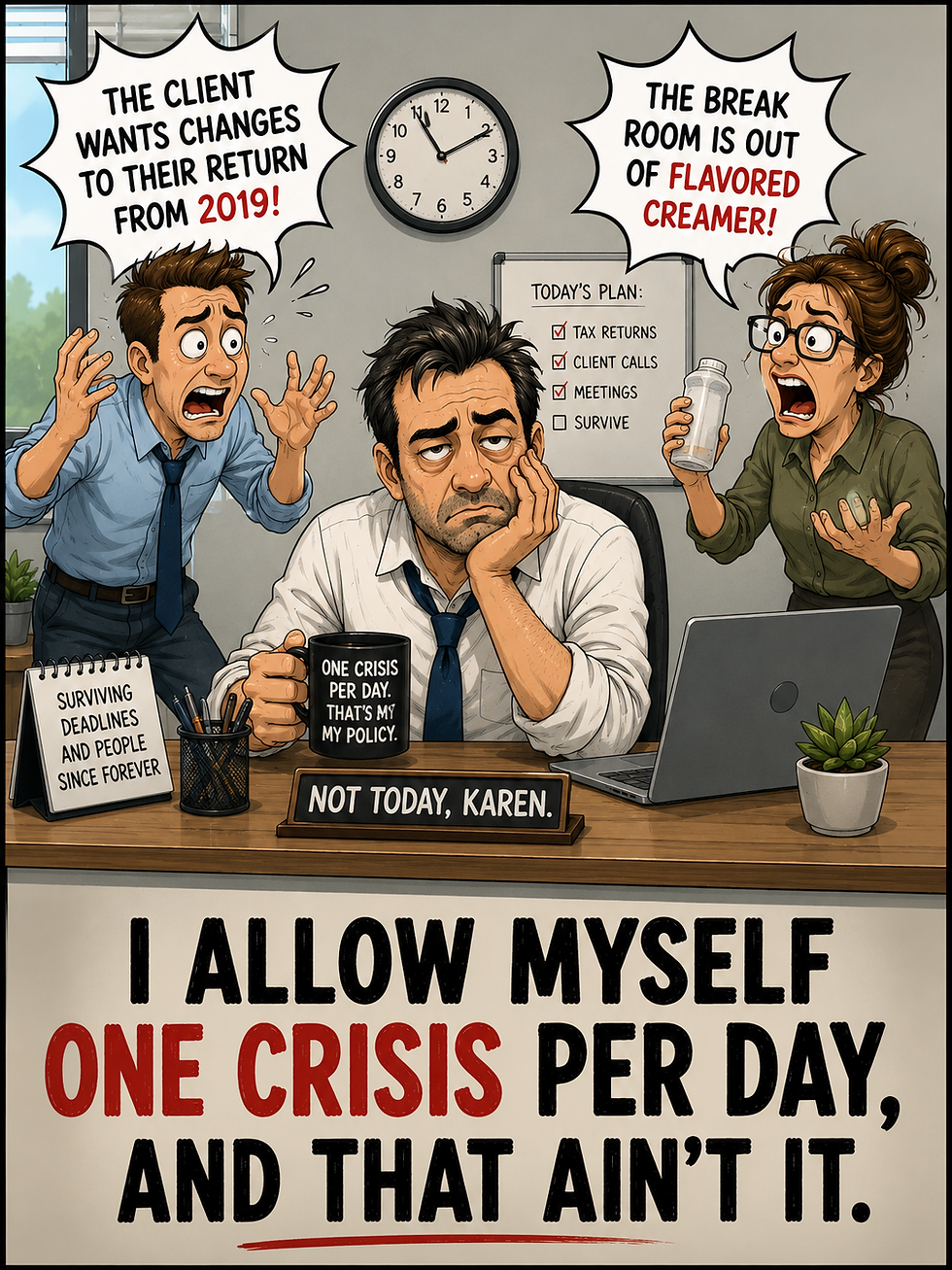 One crisis per day, Office