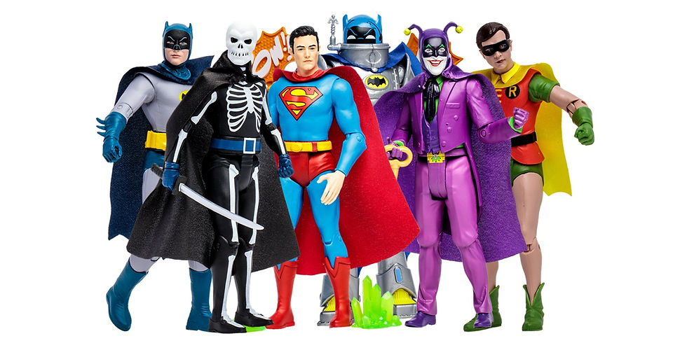 Action figures of superheroes in various costumes, including a skeleton outfit, blue with red cape, and purple joker, standing together.
