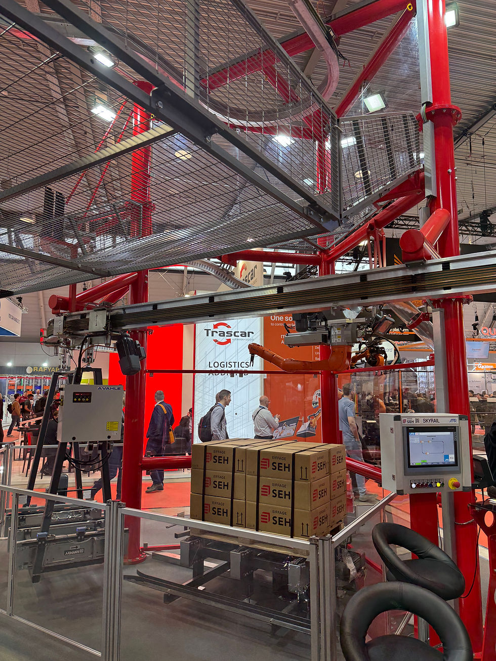 eye-level view of an industrial Elektrohängebahn system in a factory