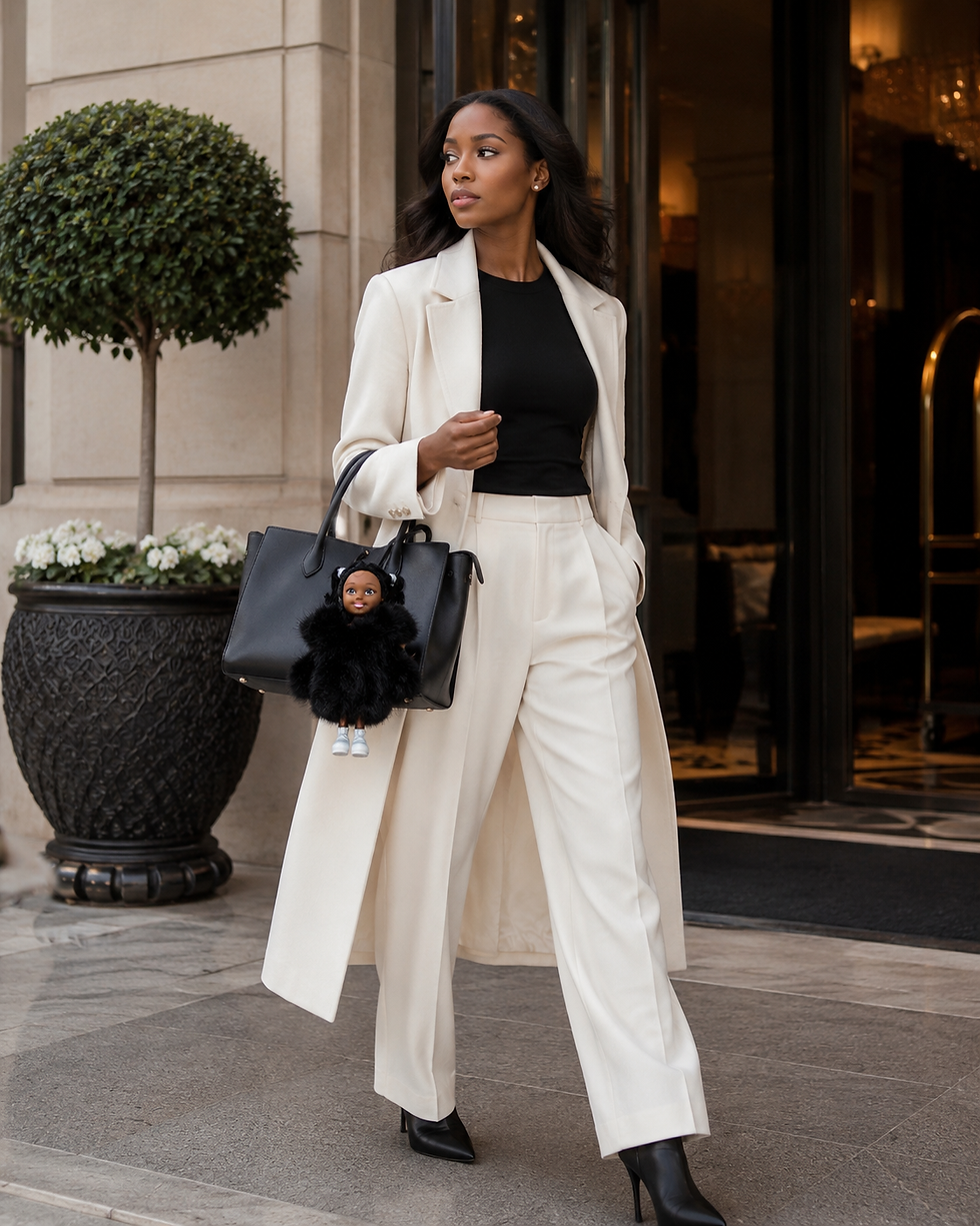 a model walking holding a purse with a Black Luxe Fur Doll Bag Charm attached to it