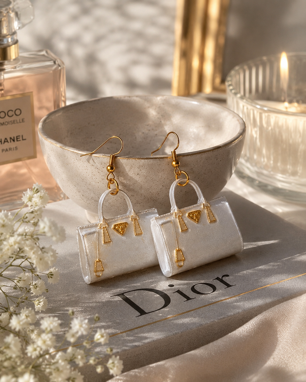a decorative bowl with Claszy x Paree White Handbag Statement Earrings with Gold Accents sitting next to it