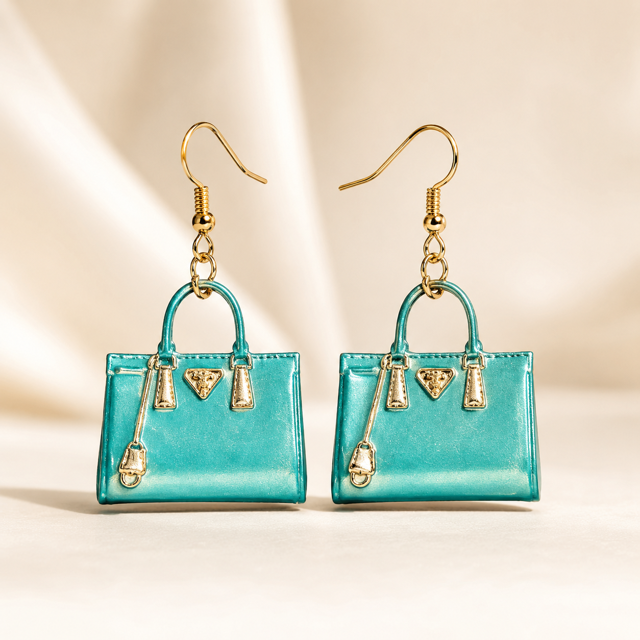 closeup of Turquoise Teal Mini Handbag Earrings