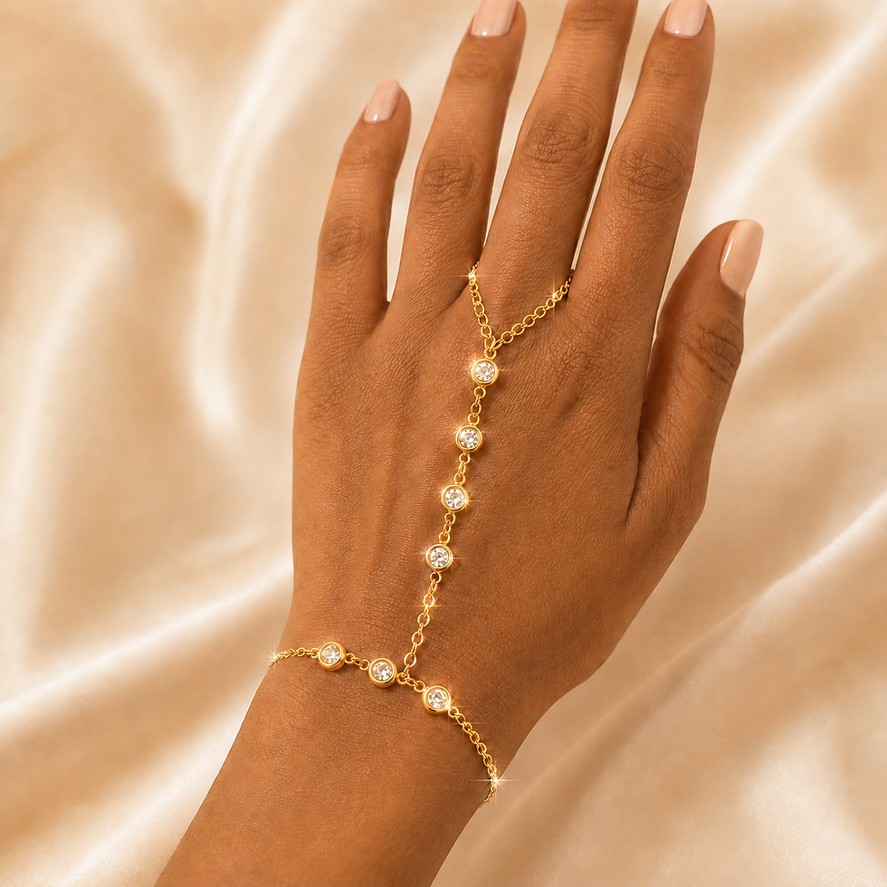 a model wearing a Claszy x Paree Dainty Gold Hand Chain Bracelet