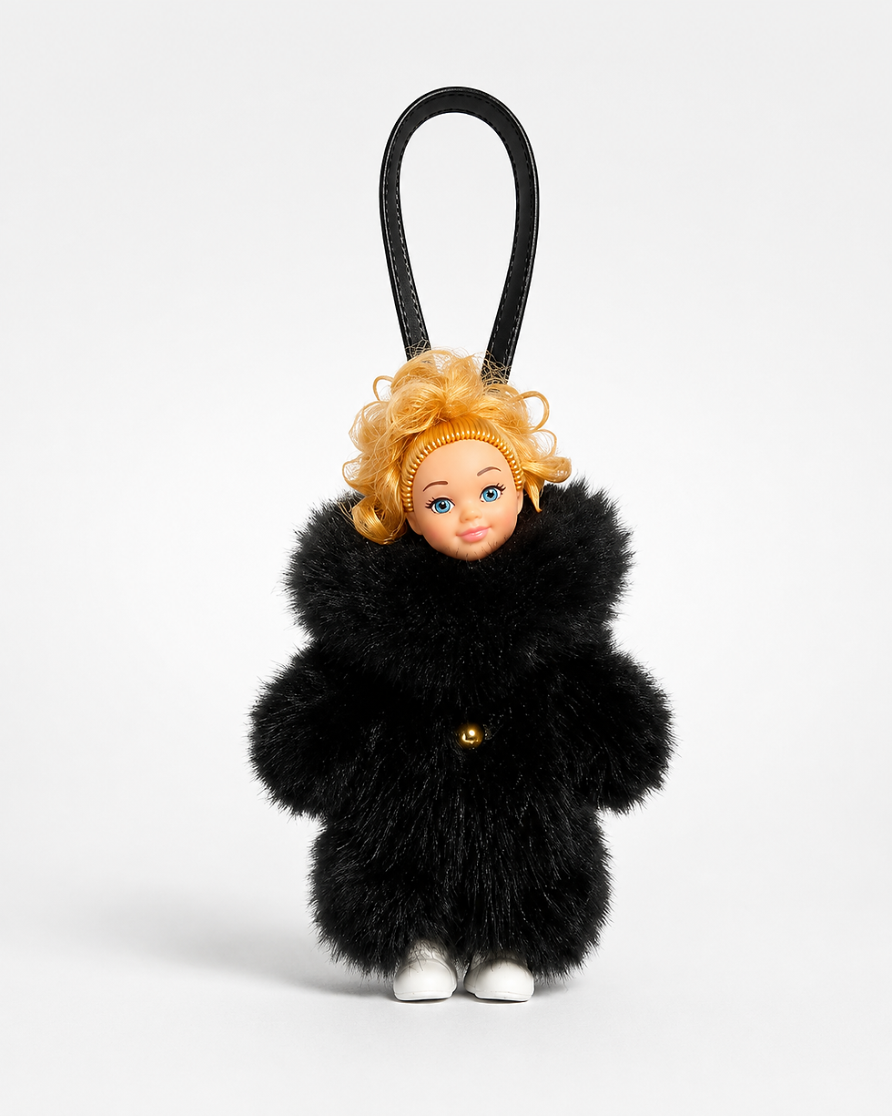 close up of a Luxury Black Fur Doll Bag Charm