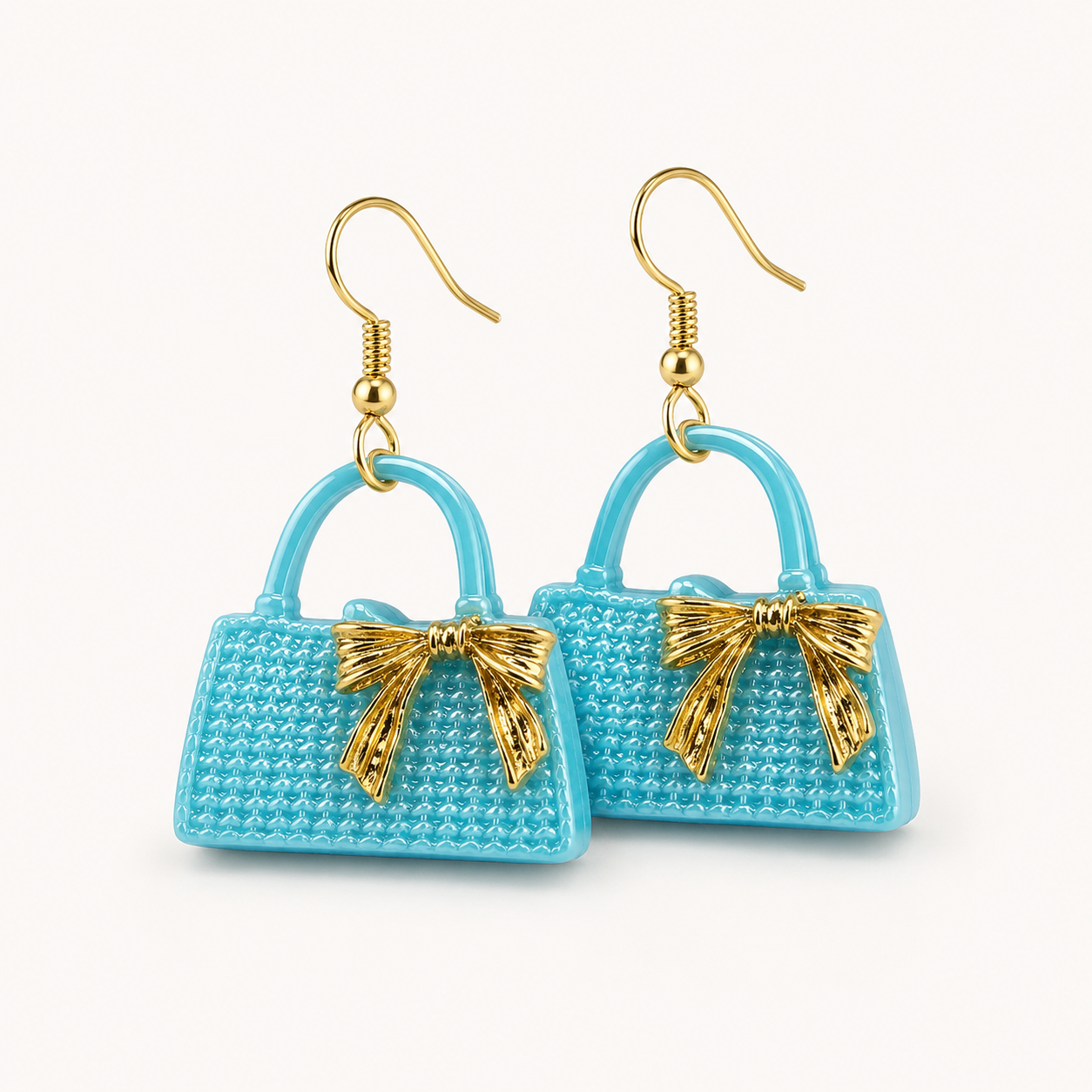 image of Turquoise Mini Purse Earrings with Gold Bow