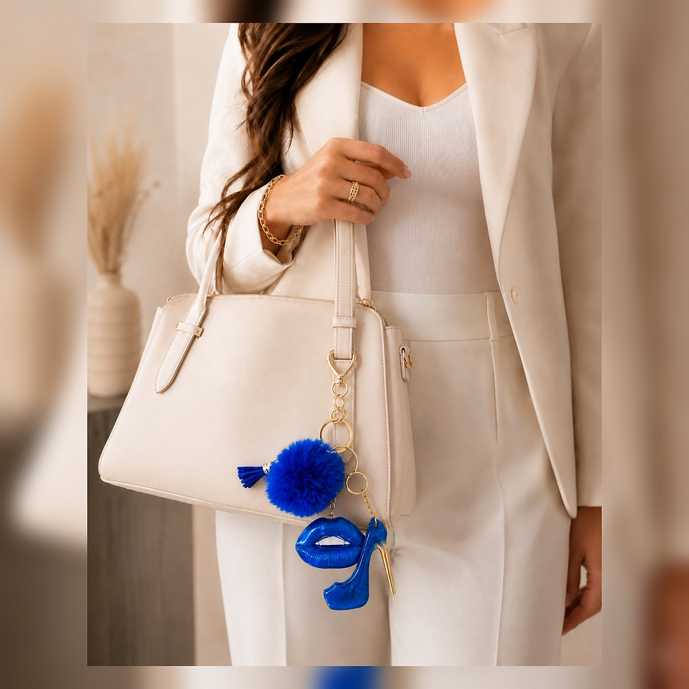a model holding a purse with a Claszy x Paree Blue Lips & High Heel Purse Keychain Charm attached to it