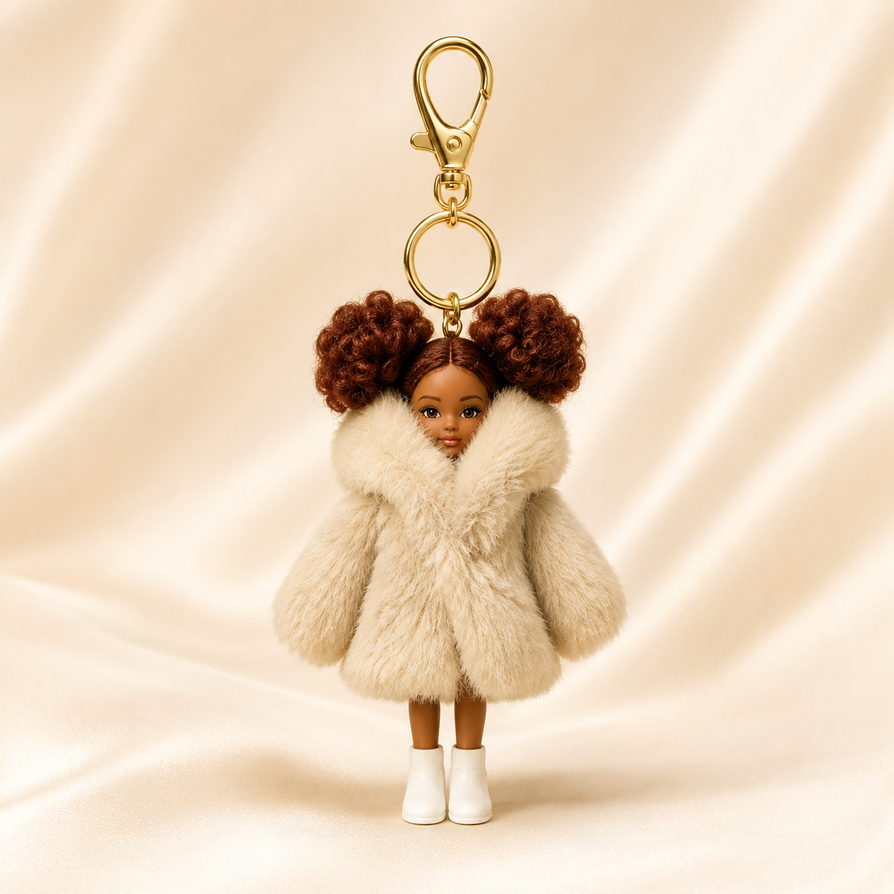 a photo of a Claszy x Paree Champagne Luxe Doll Bag Charm Keychain