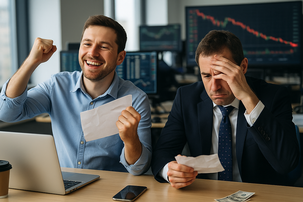 Een blije belegger naast een teleurgestelde analist