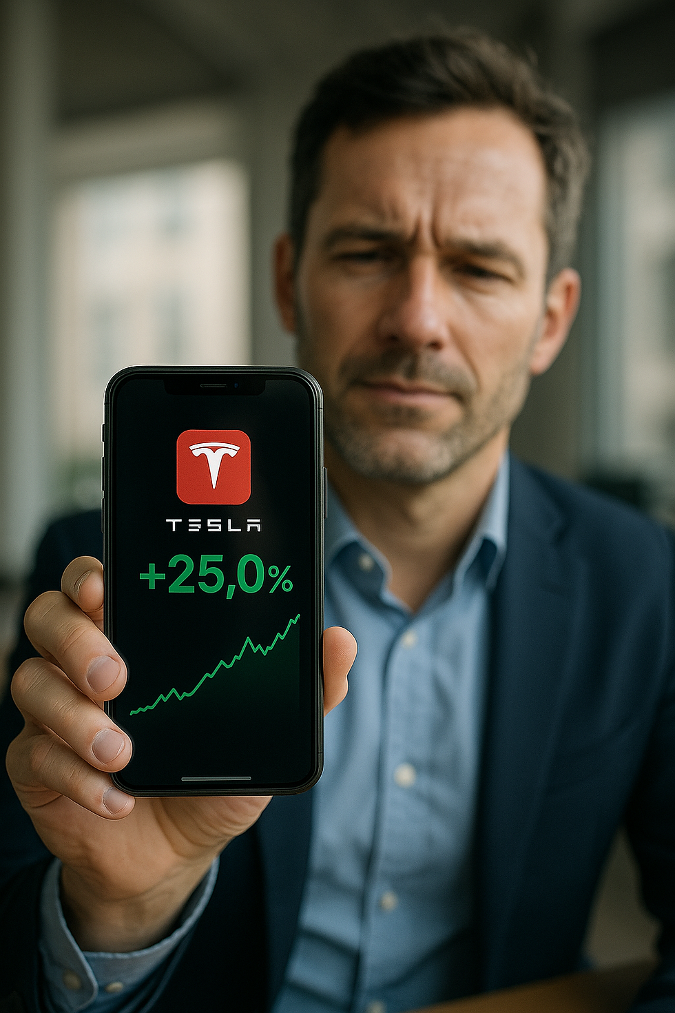 Een belegger ziet dat Tesla aandelen 25% zijn gestegen