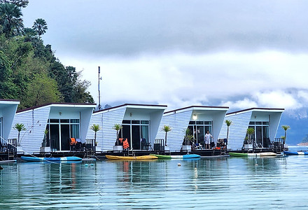 Floating bungalow on the Cheow lan Lake in Khao Sok National Park in Surat Thani, Thailand