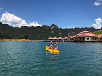 Kayaking on Cheow Lan Lake in front of Sai Chon Floating Resort, Khao Sok National Park