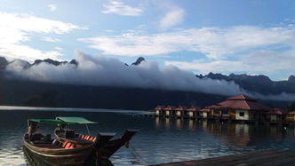 Sunset scenery at Sai Chon Floating Resort on Cheow Lan Lake