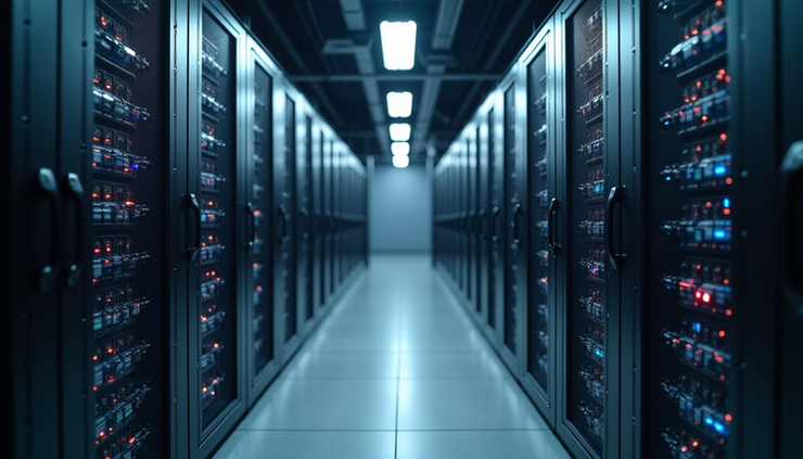 Eye-level view of a modern data center with rows of servers and blinking lights