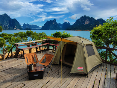 Exclusive private island tent experience on Cheow Lan Lake with panoramic limestone mountain scenery
