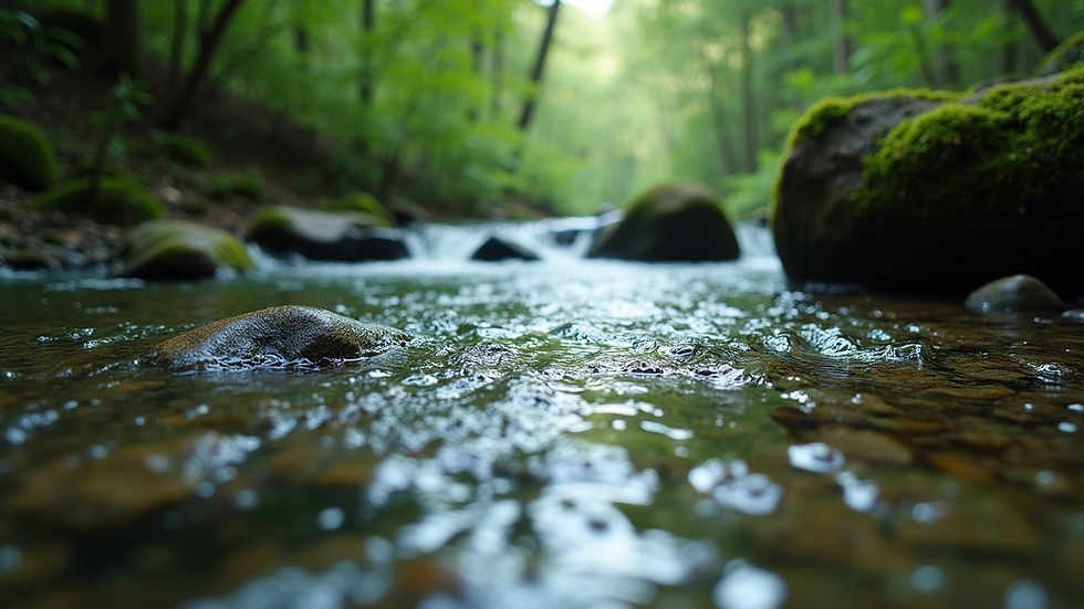 Eye-level view of a clear river flowing through a forest