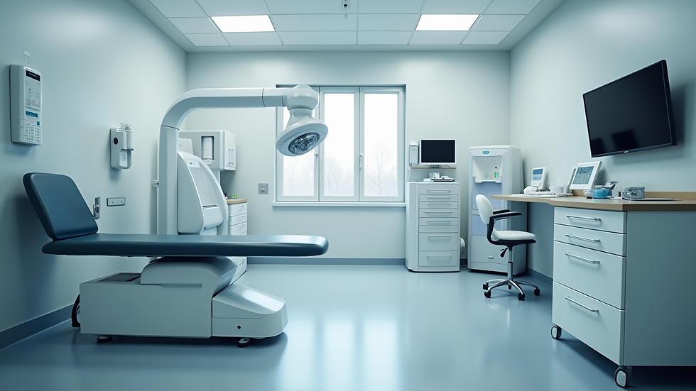 Eye-level view of a modern urology clinic room with diagnostic equipment