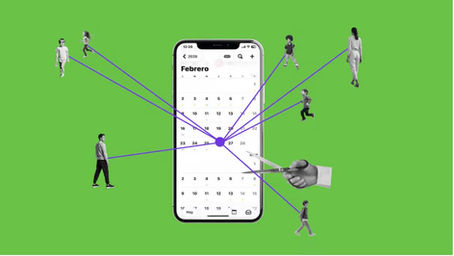 Móvil con calendario de febrero 2026 sobre fondo verde; personas conectadas por líneas moradas y una mano corta una conexión.