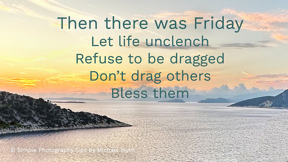 Sunset over Sarakiniko Bay off Kastos Island in Greece with the words Then there was Friday and a reflective message about kindness and blessing others