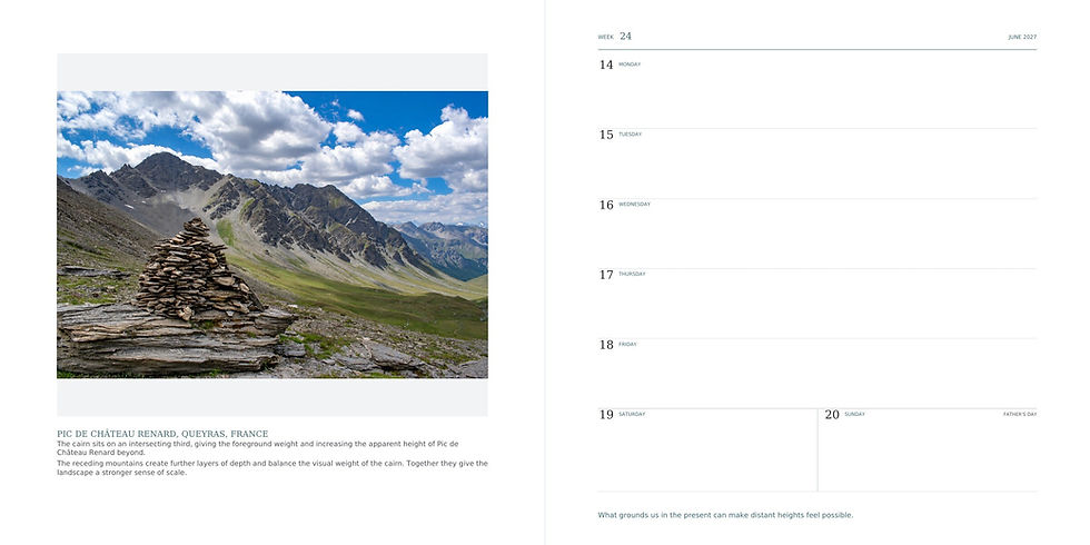 Calendar spread with a mountain cairn in Queyras, France under blue sky and clouds; June 2027, week 24.