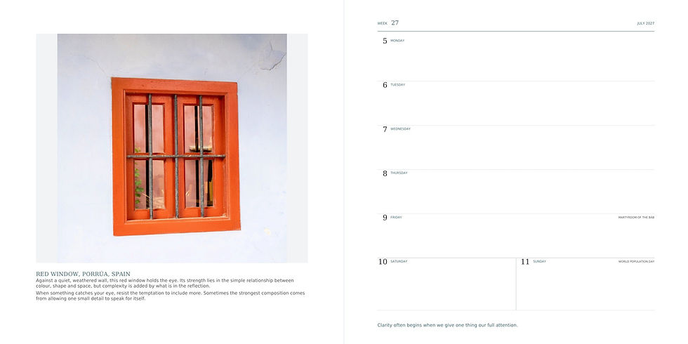 Calendar spread showing a red barred window in Porrúa, Spain, and a July 2027 weekly planner with blank days.