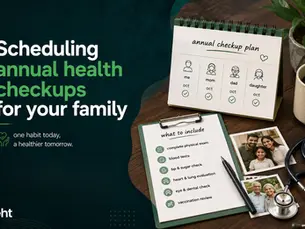 Promotional health graphic with family checkup plan, checklist, stethoscope, and photos; text says Scheduling annual health checkups for your family. Track on seht.