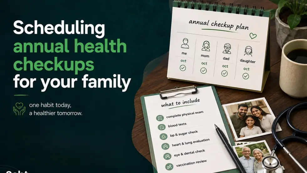 Promotional health graphic with family checkup plan, checklist, stethoscope, and photos; text says Scheduling annual health checkups for your family. Track on seht.