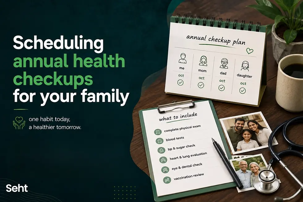 Promotional health graphic with family checkup plan, checklist, stethoscope, and photos; text says Scheduling annual health checkups for your family. Track on seht.