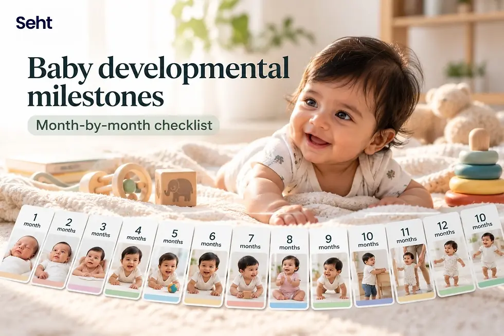 Baby smiling on a blanket with month-by-month milestone cards; text reads Seht Baby developmental milestones. Track on seht.