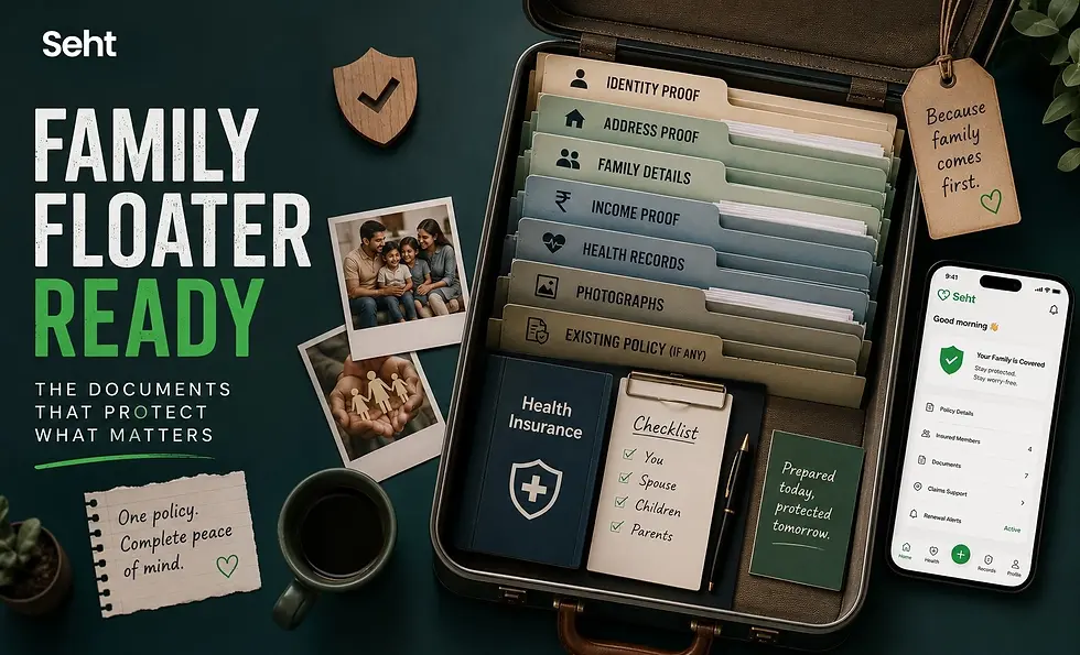 Family insurance ad with open suitcase of labeled documents, family photos, notes, and phone app; text: Seht, Family Floater Ready. Track on seht.