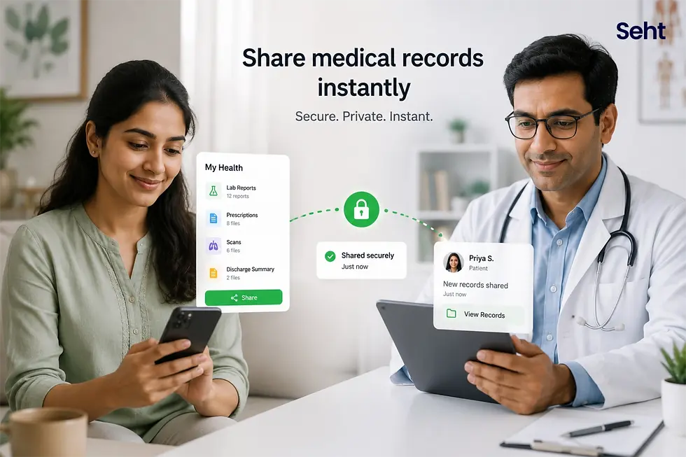 A woman uses a smartphone, sharing medical records with a doctor on a tablet. Text: "Share medical records instantly." Secure and private setting. Track on seht.