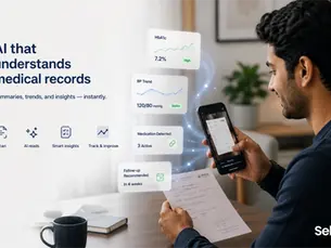 Man scans medical records with a phone in a modern setting. Digital data visualizations appear. Text: "AI that understands medical records." Track on seht.