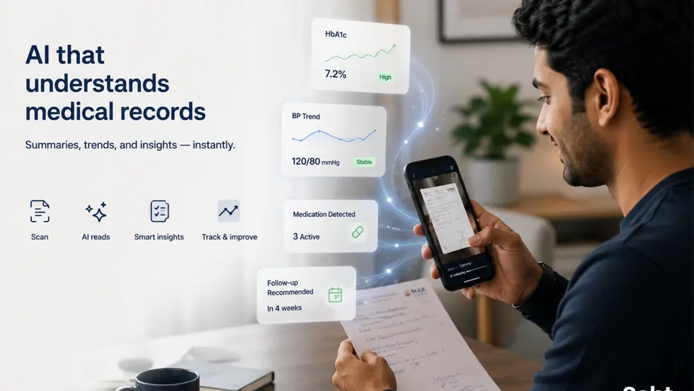 Man scans medical records with a phone in a modern setting. Digital data visualizations appear. Text: "AI that understands medical records." Track on seht.
