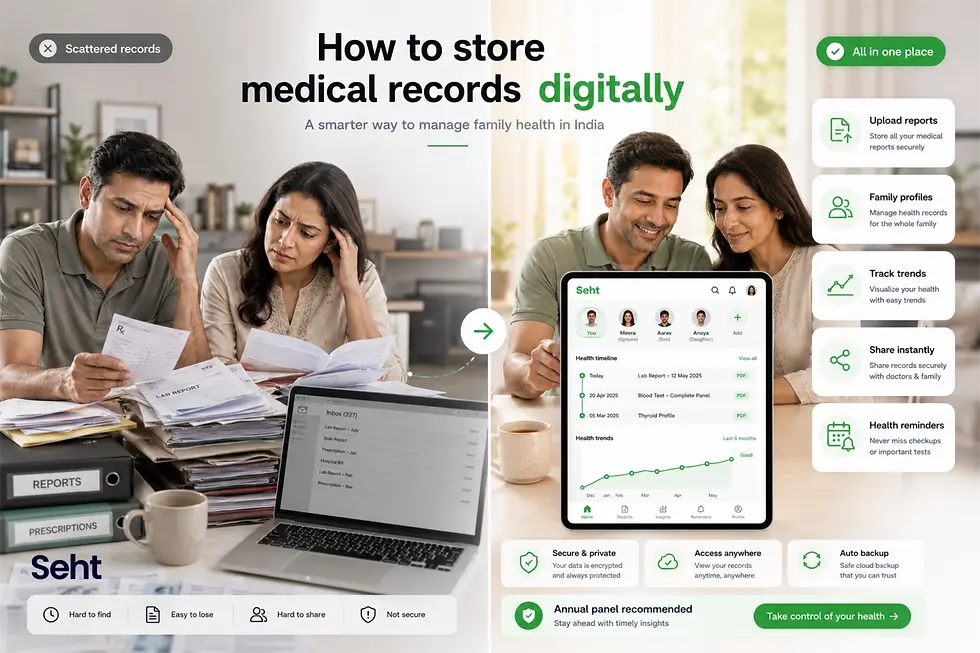 A couple reviews medical records on a table. Transition to digital storage on a tablet. Text highlights benefits like security and family profiles. Track on seht.