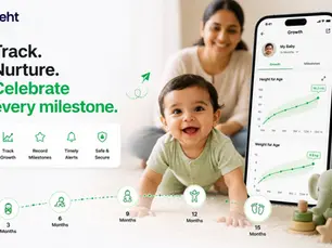 Smiling baby crawls on a rug with mother behind; phone shows baby growth charts and milestones, with Track. Nurture. Celebrate. Track on seht.