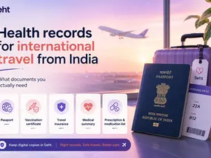 Seht ad with passport, boarding pass, suitcase and airplane: health records for international travel from India. Track on seht.