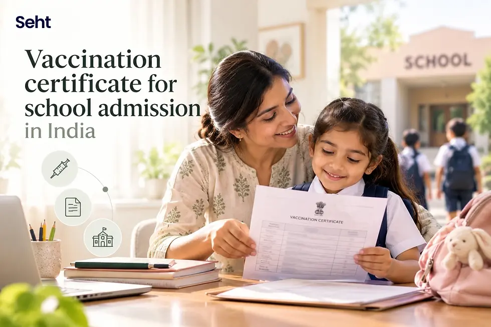 Mother helps smiling girl hold a vaccination certificate for school admission in India, with school and classroom icons nearby. Track on seht.