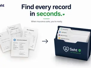 Seht ad showing medical papers sorted into a blue file box, with slogan Find every record in seconds and an arrow. Track on seht.